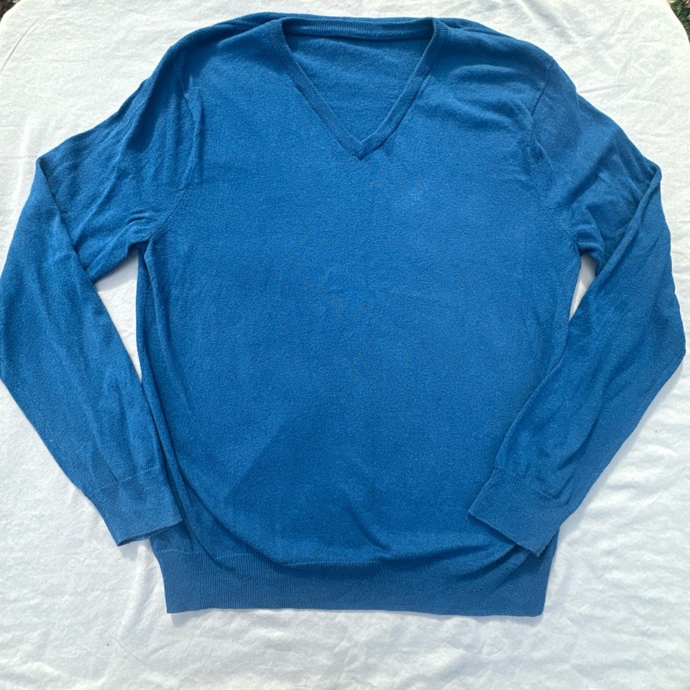 J.Crew Mens Large Blue Cotton Cashmere V-Neck Sweater Classic Preppy